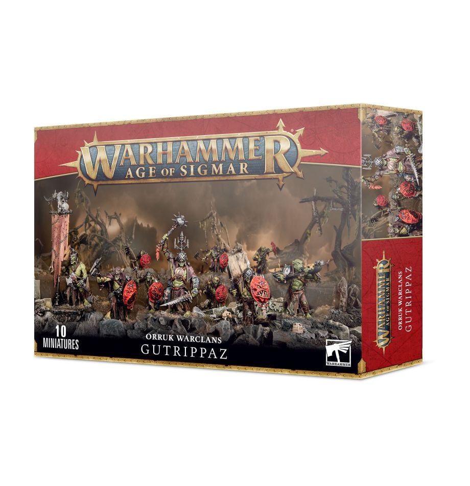 Games Workshop Age of Sigmar Orruk Warclans Gutrippaz box front showing ten Kruleboyz warriors