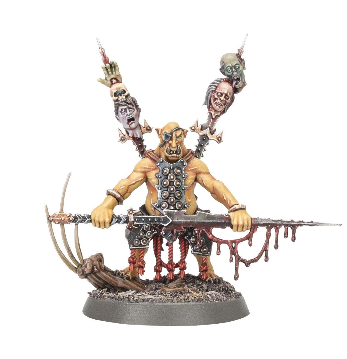 Painted Orruk Warclans Hobgrot Slittaboss with a toxin-smeared blade and a trophy-head totem