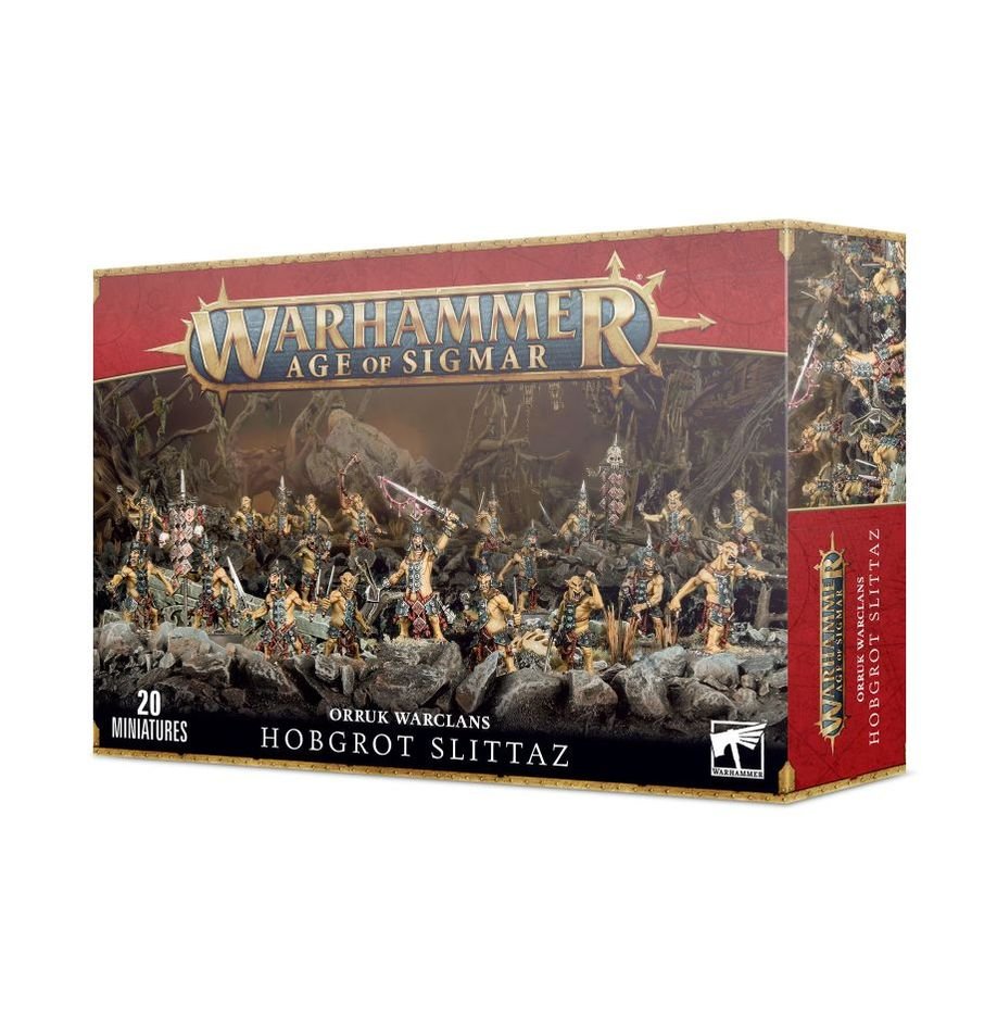 Games Workshop Age of Sigmar Orruk Warclans Hobgrot Slittaz box front with twenty Kruleboyz hobgrots
