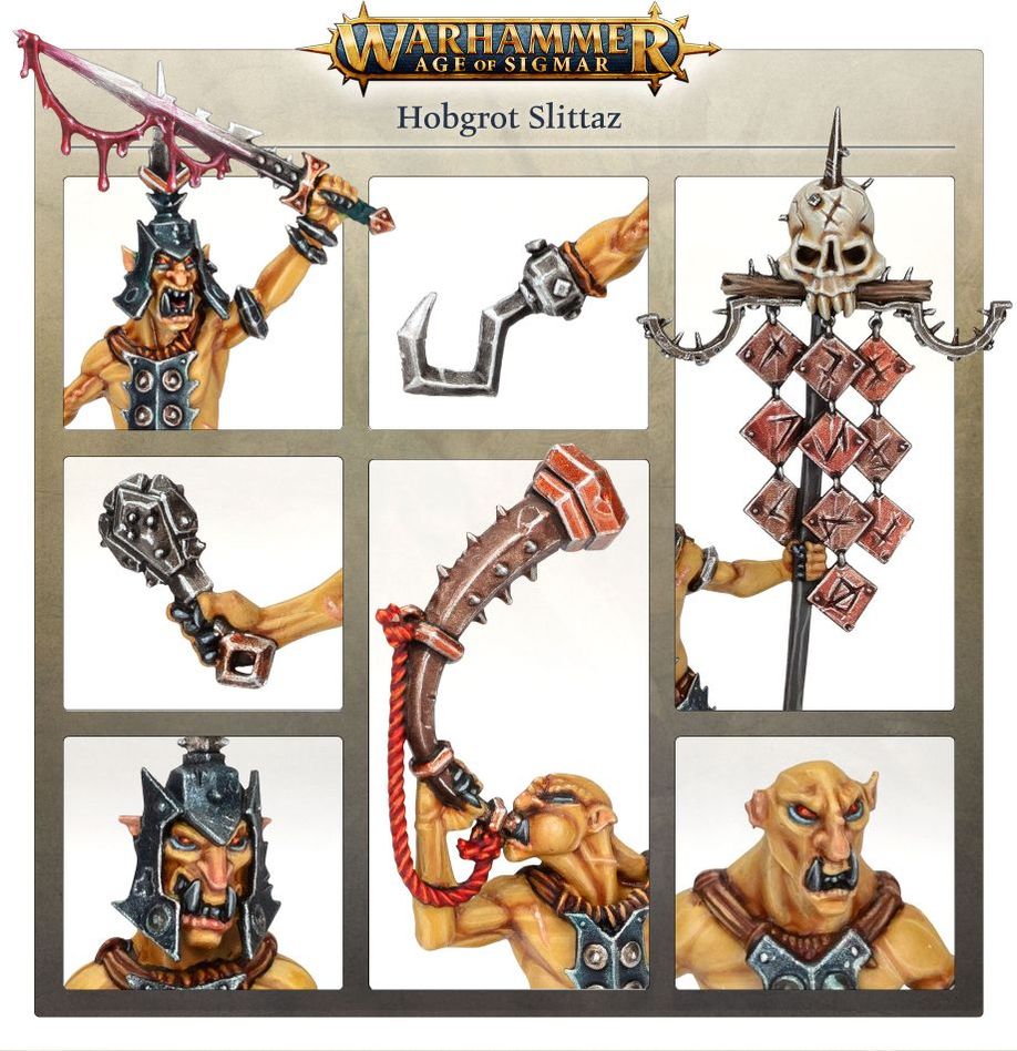 Hobgrot Slittaz showcase with close-ups of the blades, scrap totem, noise-maker horn and grinning faces