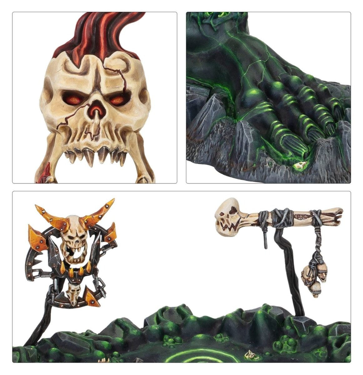 Close-ups of painted Orruk Warclans Manifestations skull faces and glowing green bases