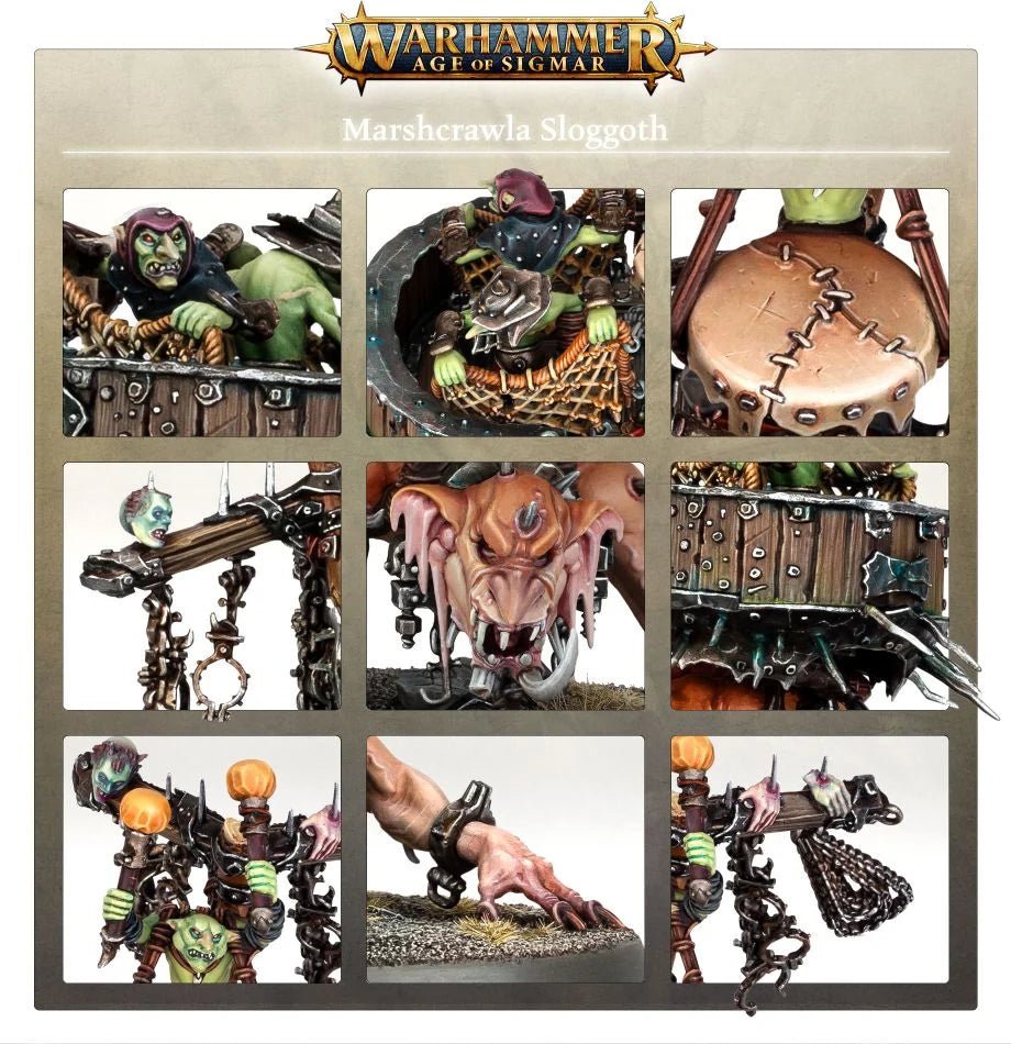 Marshcrawla Sloggoth showcase panel with painted close-ups of the grot crew, drum, fanged face and nets