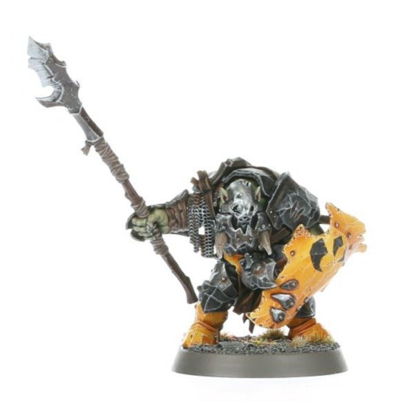 Painted Orruk Ardboy with stikka and yellow checked shield, full-length view