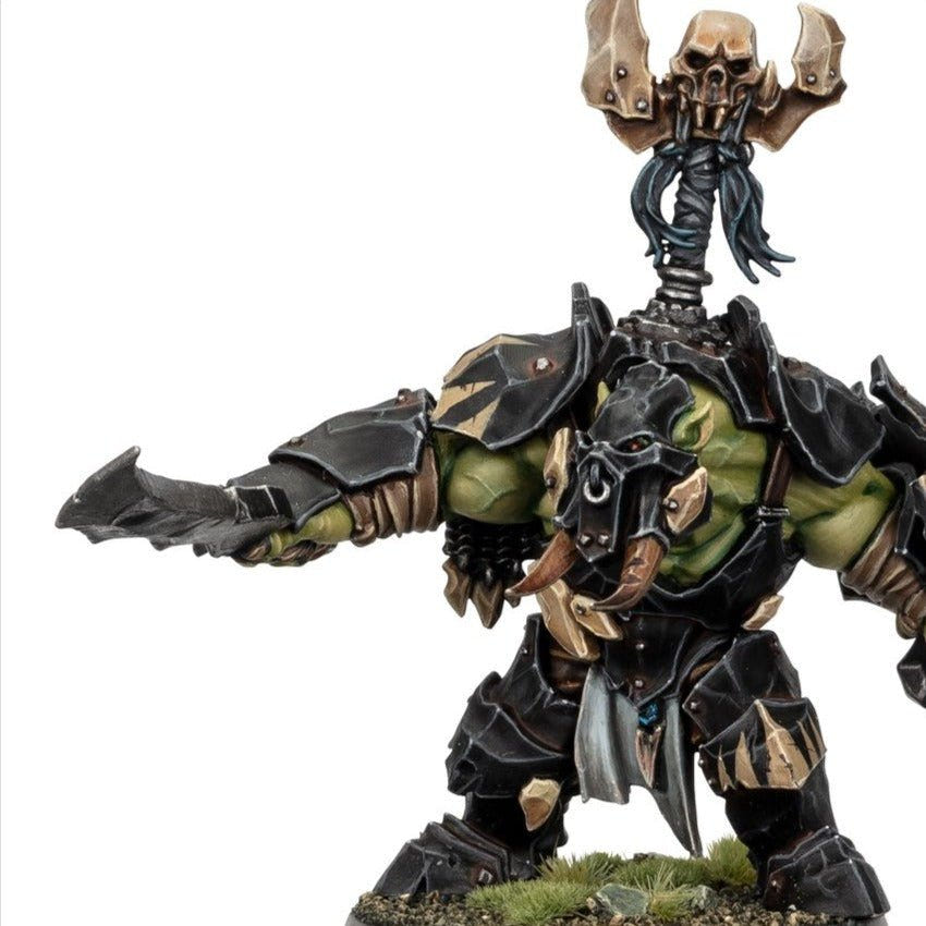 Close-up of a painted Orruk Ardboy with a skull totem rising from his back armour