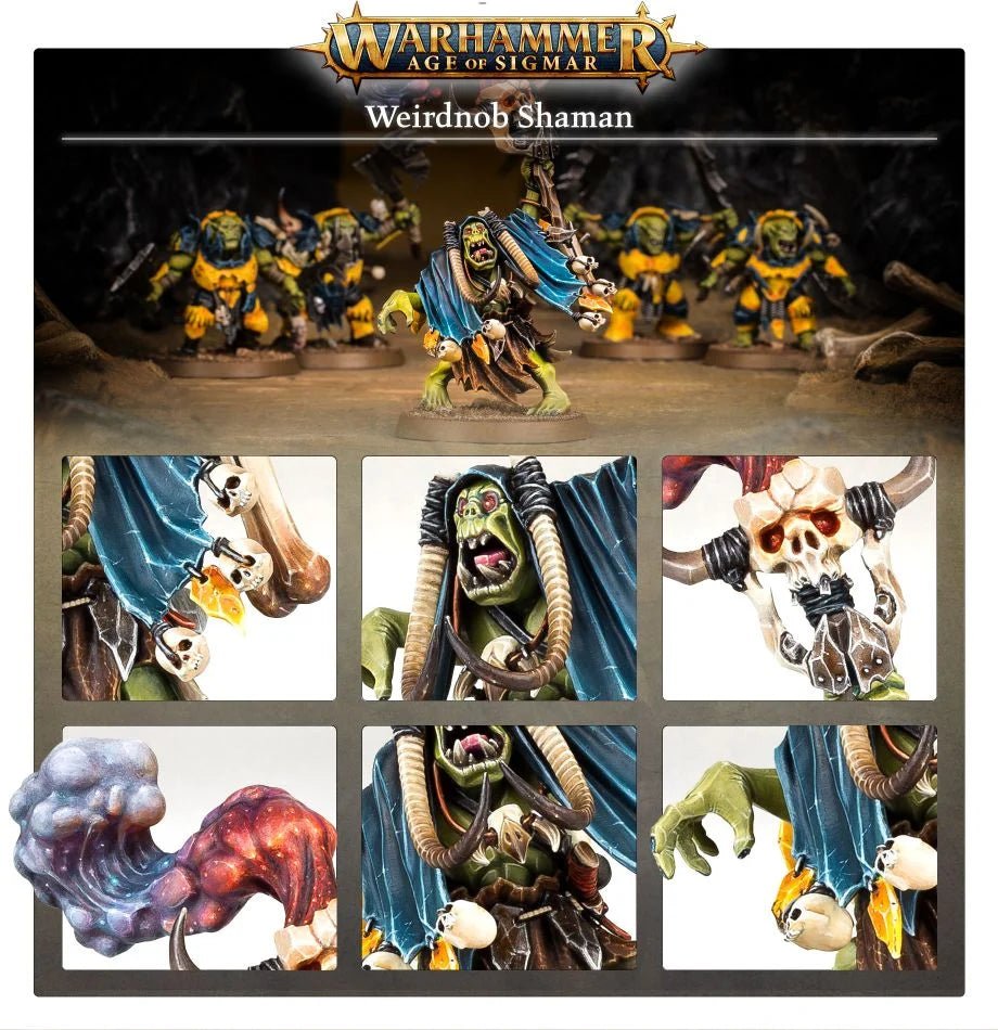 Orruk Weirdnob Shaman painted miniature with Ironjawz and detail close-ups of the staff and face