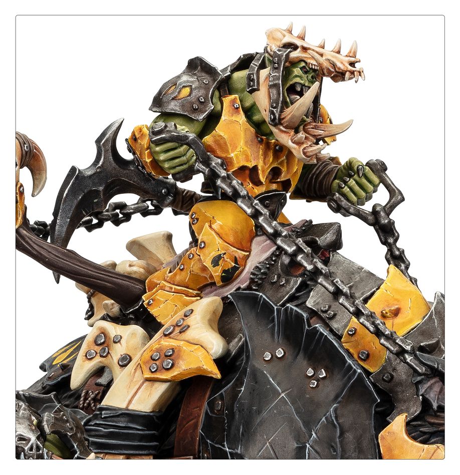 Close-up of the Tuskboss rider with chain and bone crest
