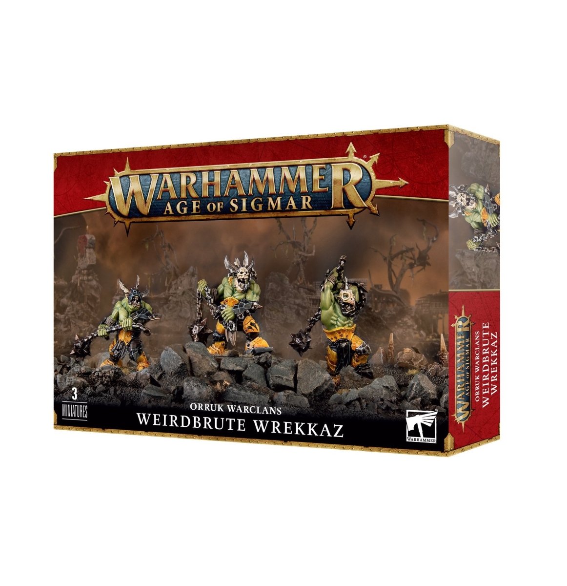Games Workshop Orruk Warclans Weirdbrute Wrekkaz box front showing three masked orruks with chain-smasha flails