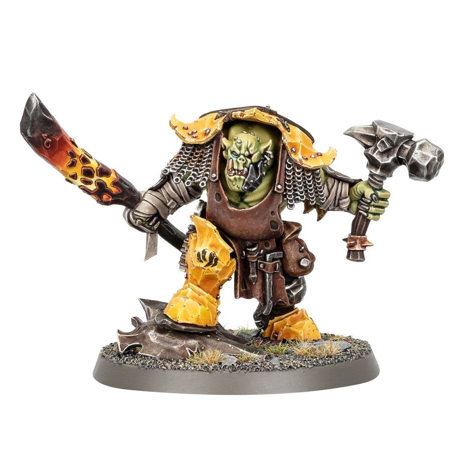 Painted Ironjawz smith Zoggrok Anvilsmasha with glowing blade and hammer, front view