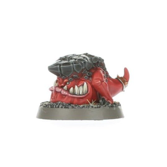 Painted Klonk the rockbrow squig, side view on its round base