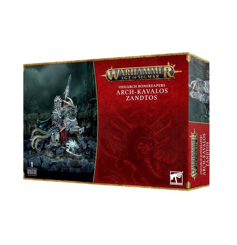 Games Workshop Ossiarch Bonereapers Arch-Kavalos Zandtos box front with mounted hero