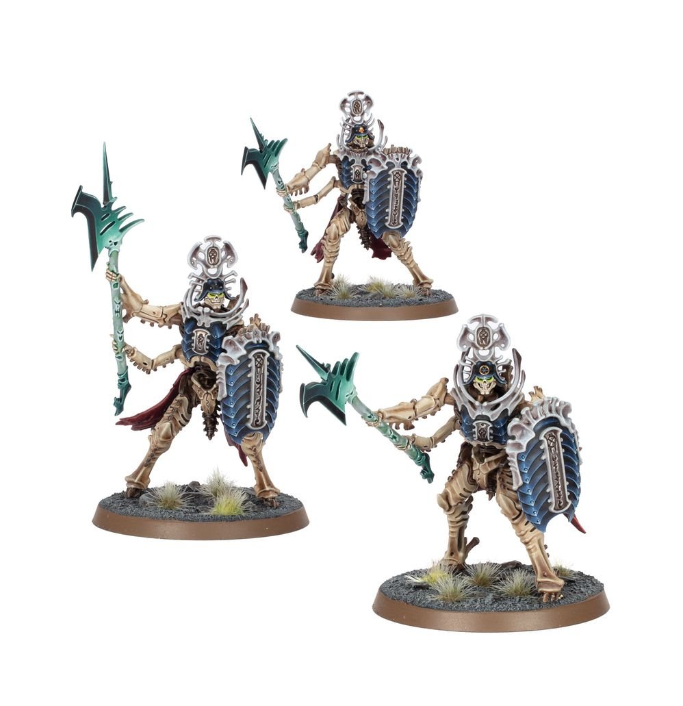 Three painted Ossiarch Bonereapers Immortis Guard with shields and halberds