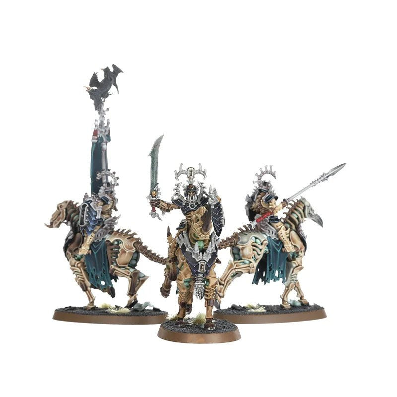 Three painted Kavalos Deathriders with blades, lance and banner on bone steeds