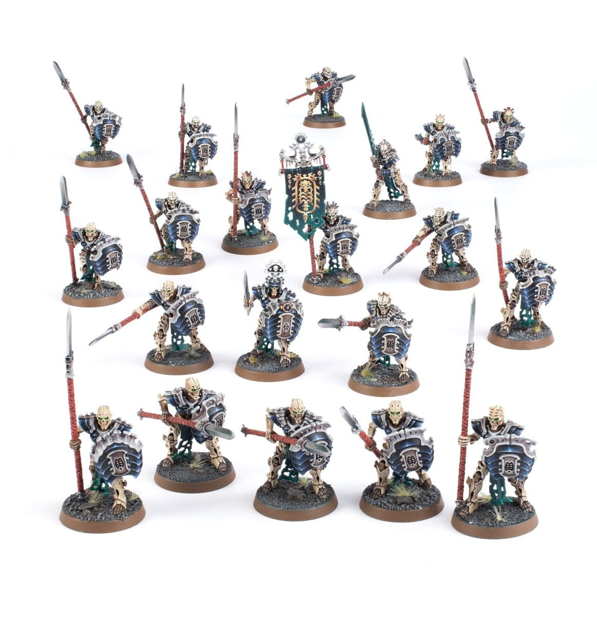 Painted Mortek Guard unit of twenty spread out with spears, blades and a Necrophoros banner