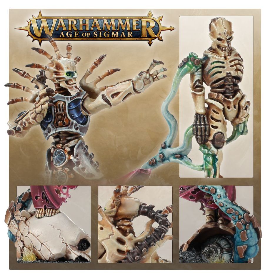 Close-up details of the painted Mortisan Boneshaper: bone-fingered hands, skull perch and robes