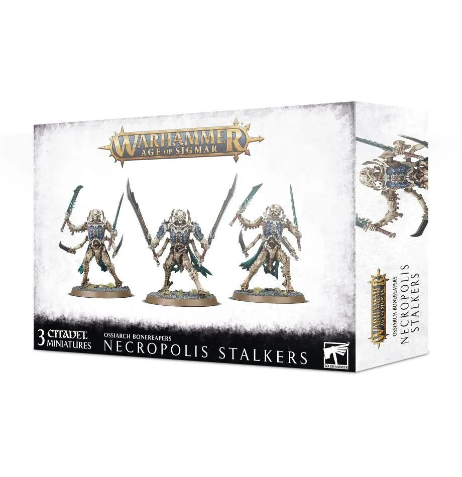 Warhammer Age of Sigmar Ossiarch Bonereapers Necropolis Stalkers box, three Citadel miniatures