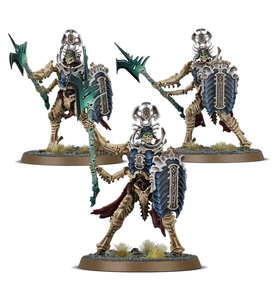 Three painted Immortis Guard, the alternate build from the Necropolis Stalkers kit, with shields