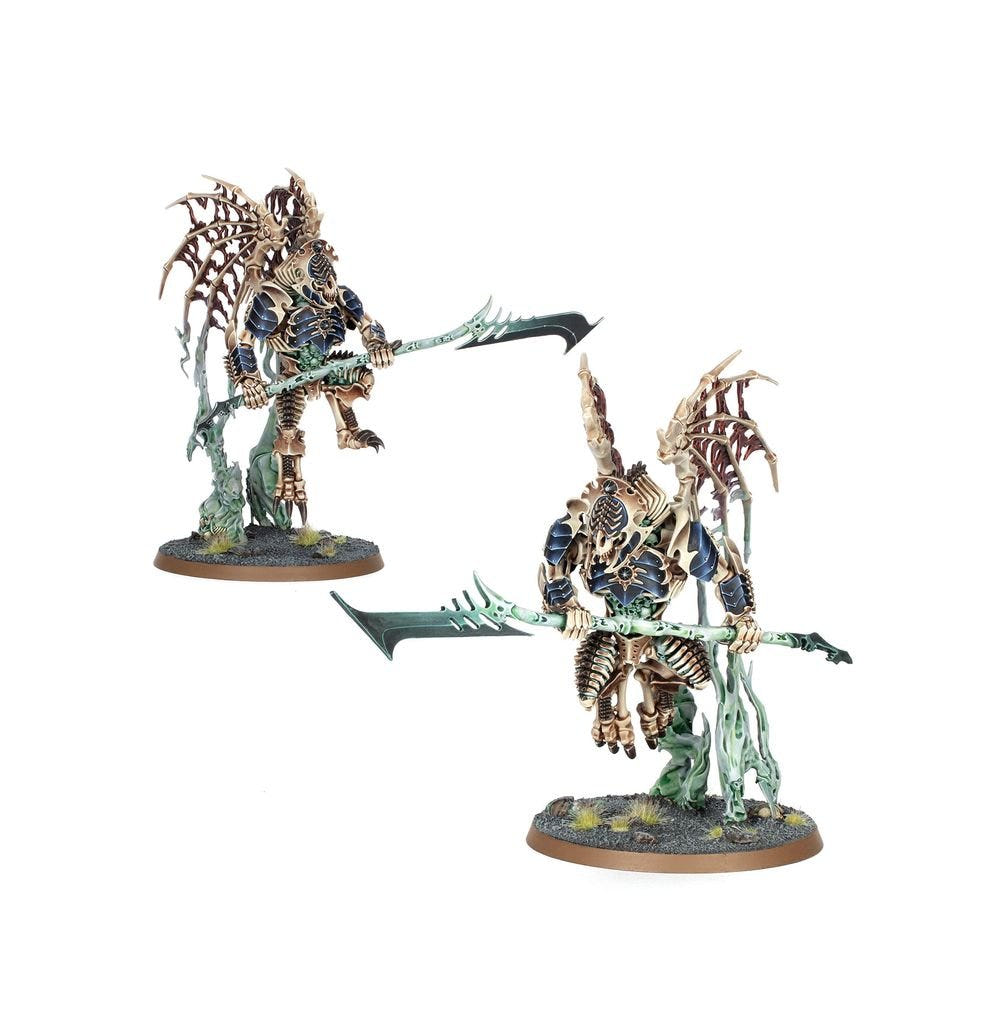 Two painted Morghast constructs with polearms, Ossiarch Bonereapers Null Myriad Phalanx