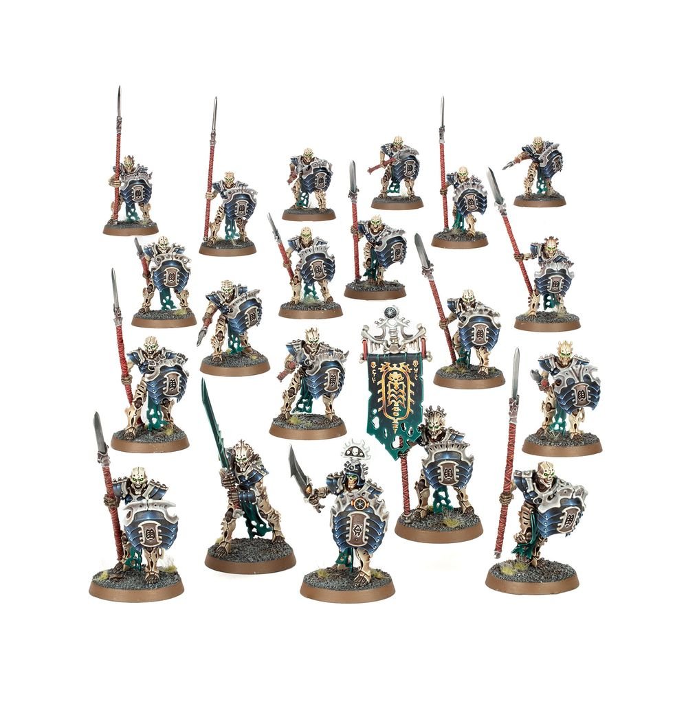 Twenty painted Mortek Guard with spears, shields and standard, Ossiarch Bonereapers
