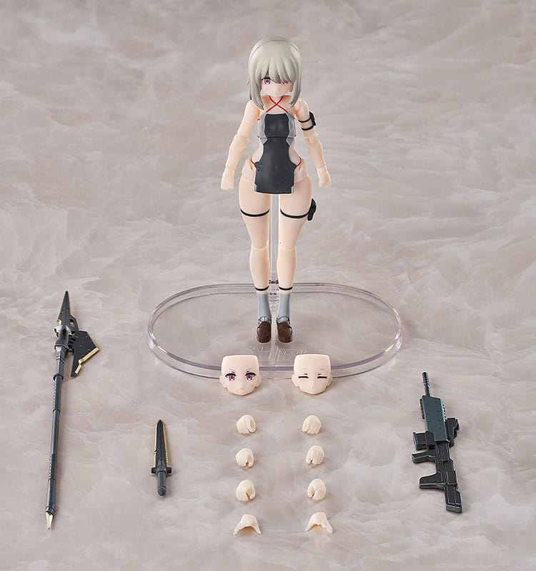 Cuckoo Hyper Body figure with contents laid out: spear, dagger, rifle, faceplates and hands