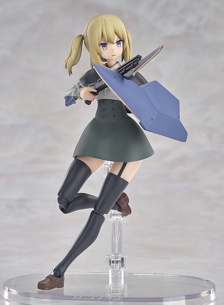 Partisan Hyper Body figure leaping behind her blue shield with shotgun