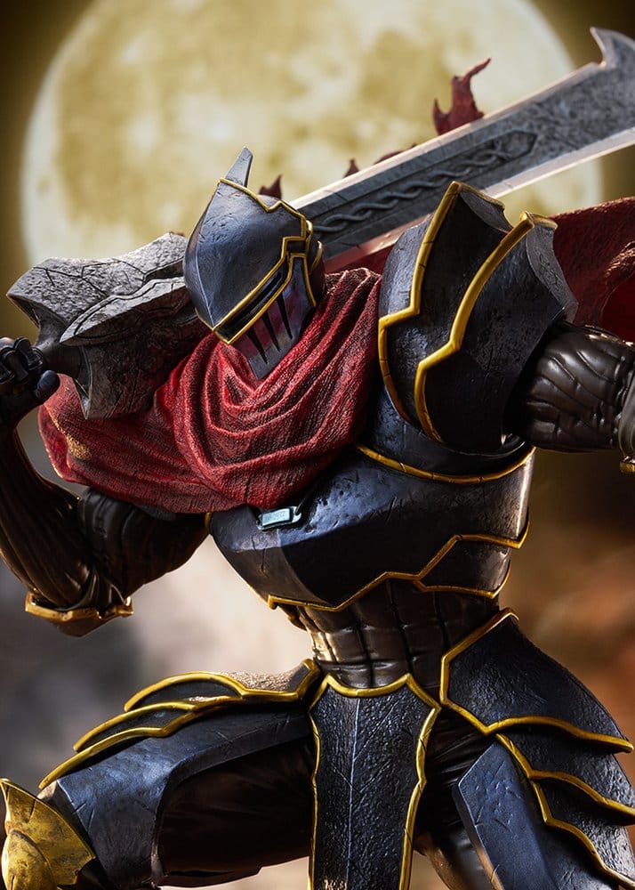 Close-up of Momon's black armoured helm and red cape against a full moon backdrop