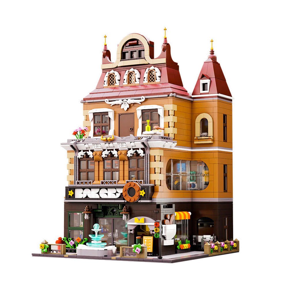 Pantasy Bakery 4-storey building set, built model, front three-quarter view