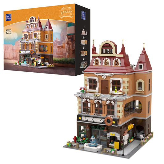 Pantasy Bakery 4-storey building set PA85013, built model in front of its box