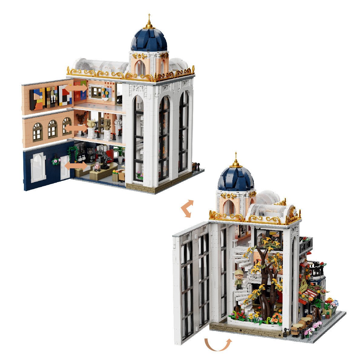 Pantasy Blossom Café building set, built model opened to show interior floors