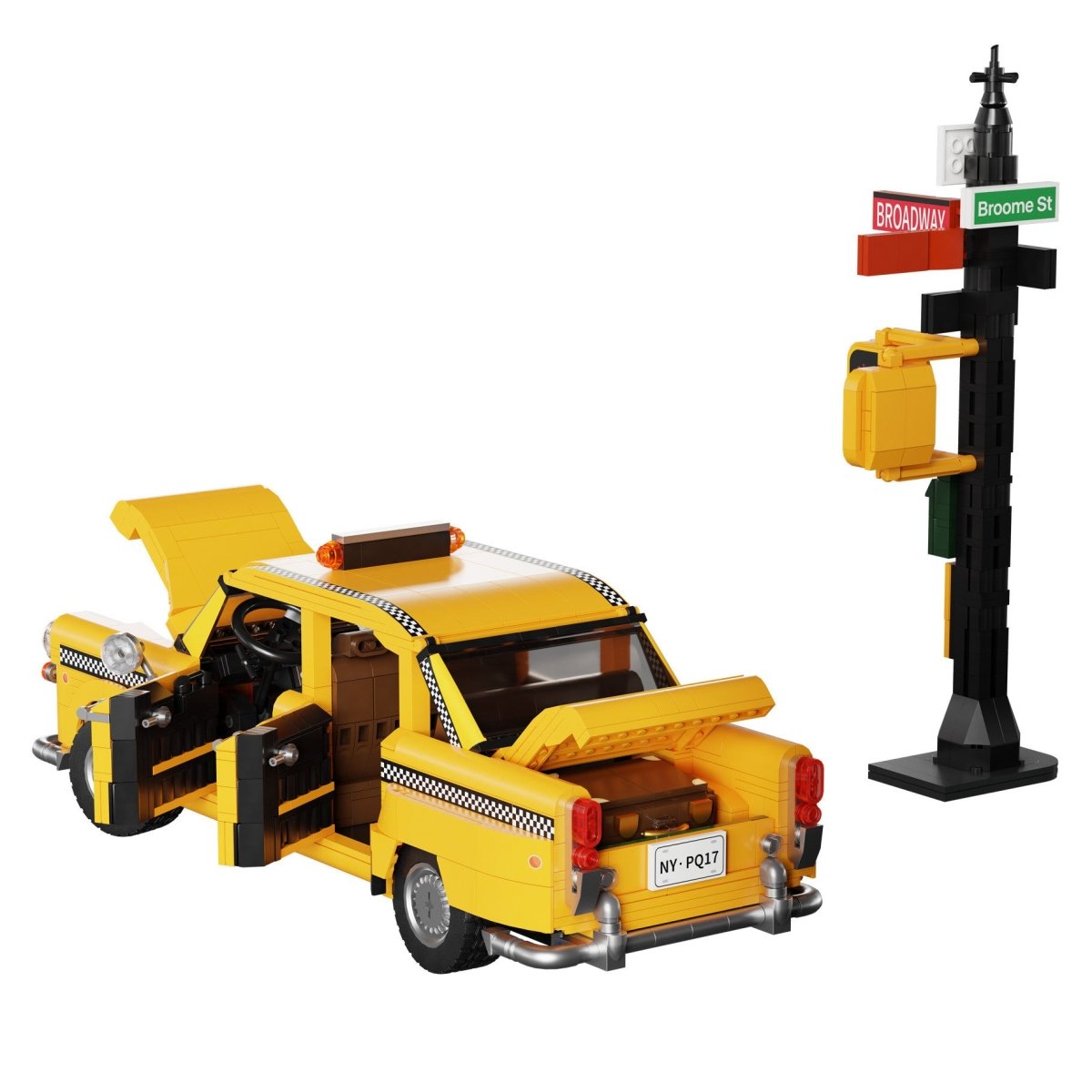 Pantasy New York Yellow Taxi Cab built model with doors, bonnet and boot open beside street sign