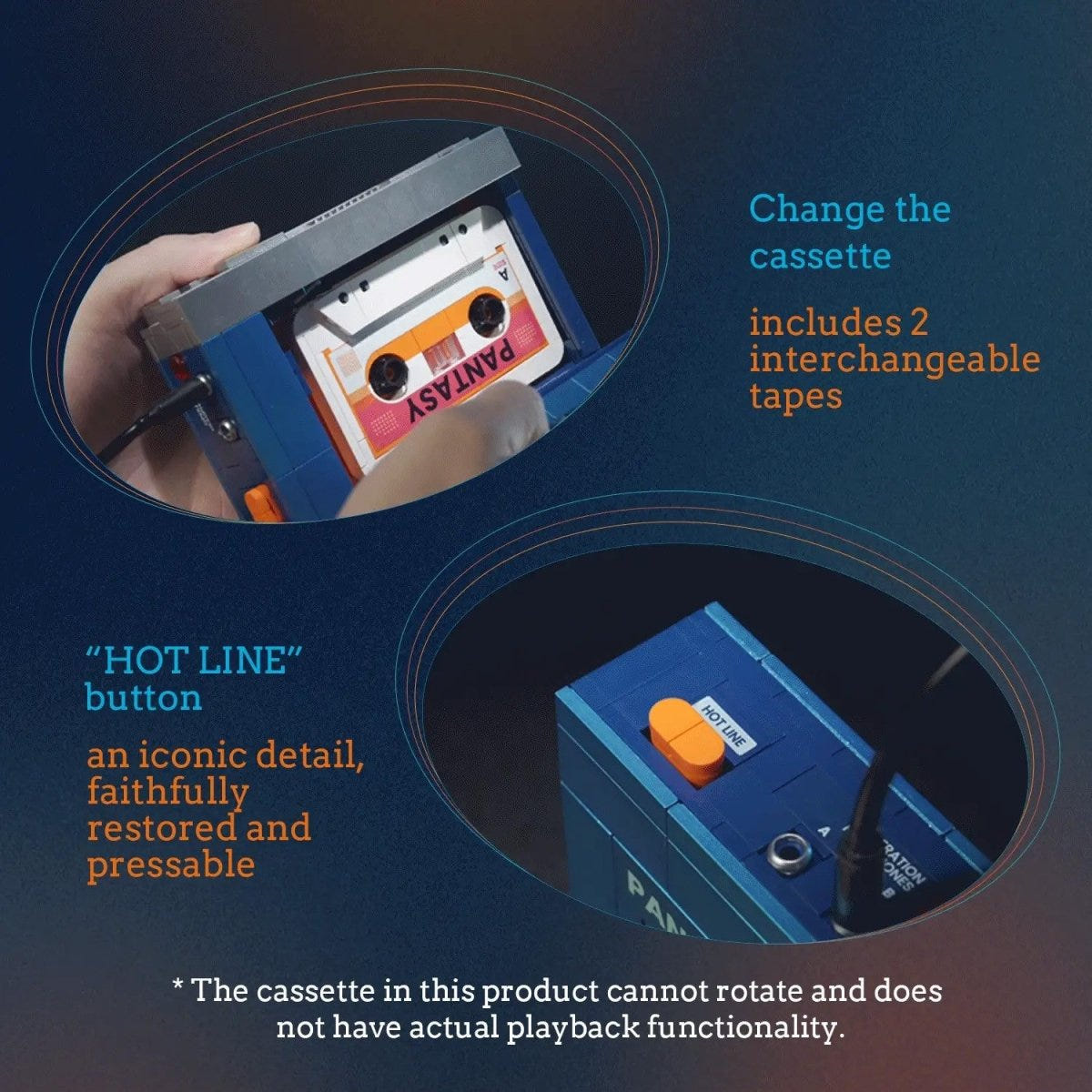 Pantasy cassette player features: changeable tapes and Hot Line button