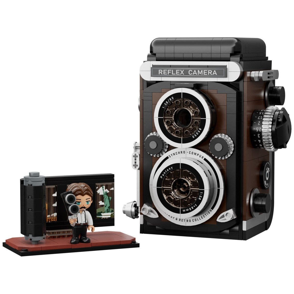 Pantasy Retro Twin Lens Reflex Camera built model beside photographer mini figure diorama