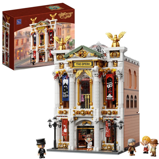 Pantasy The Opera building block set shown built with ornate facade, minifigures and box behind
