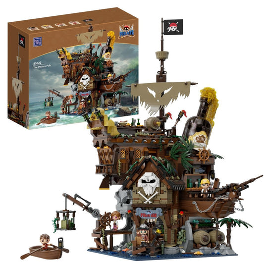 Pantasy The Pirates Pub PA85022 building set, built ship building and rowing boat in front of box