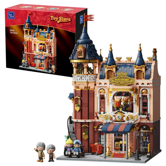 Pantasy Toy Store PA85031 building set, built model with mini figures in front of box