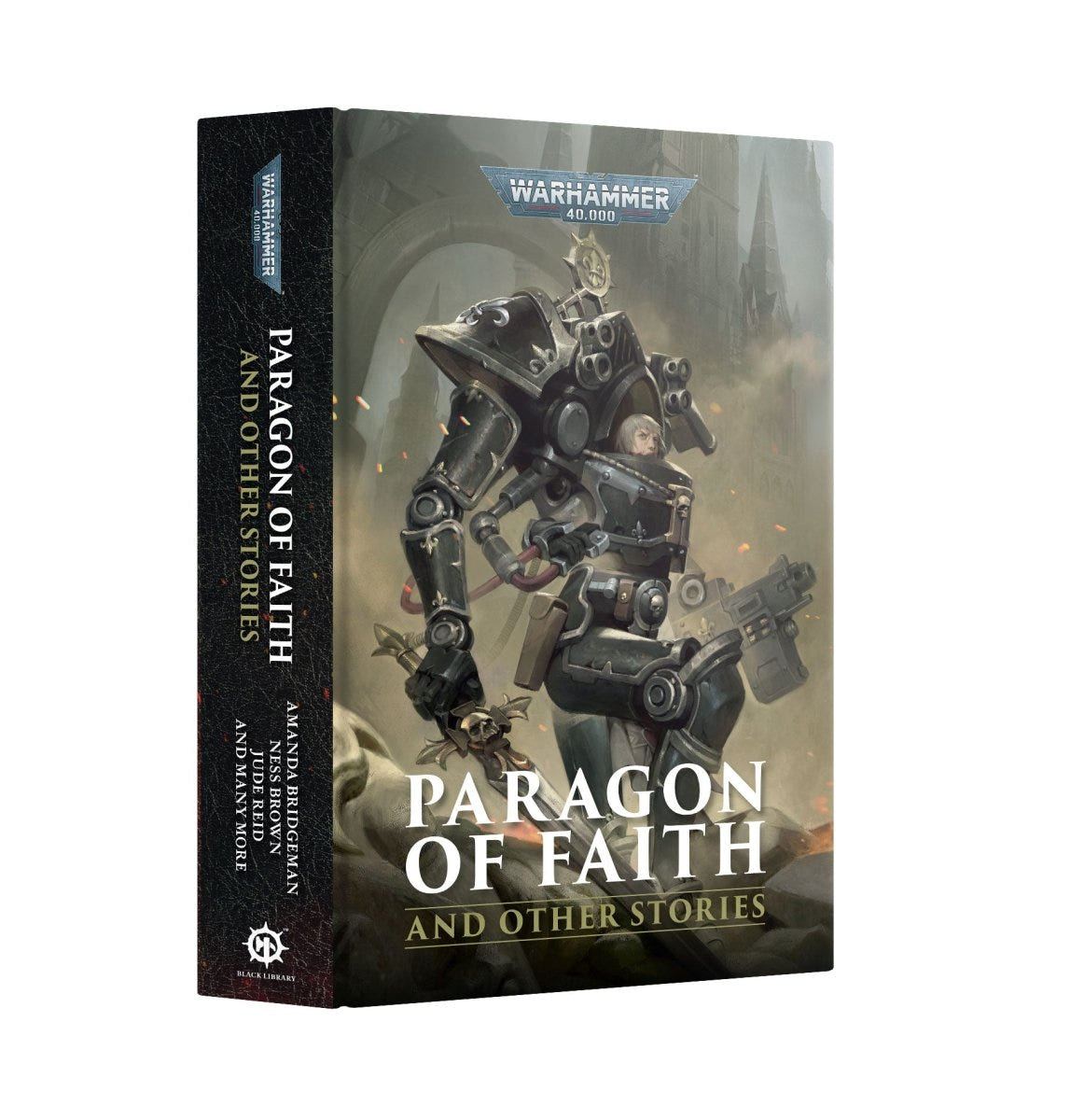 Black Library Paragon of Faith and Other Stories hardback cover with an armoured Adepta Sororitas warsuit