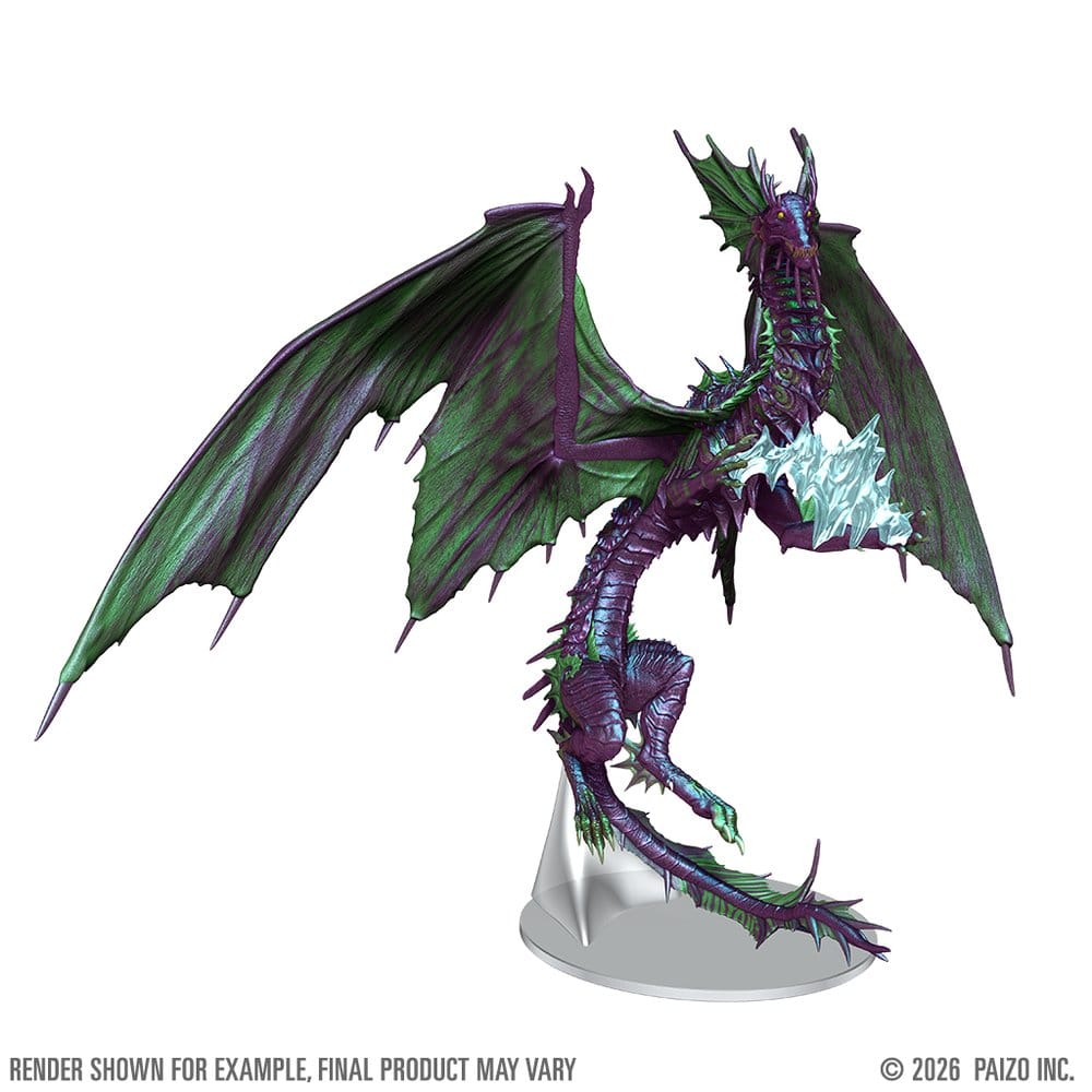 Pathfinder Battles Adult Mirage Dragon prepainted miniature, three-quarter view with copyright line