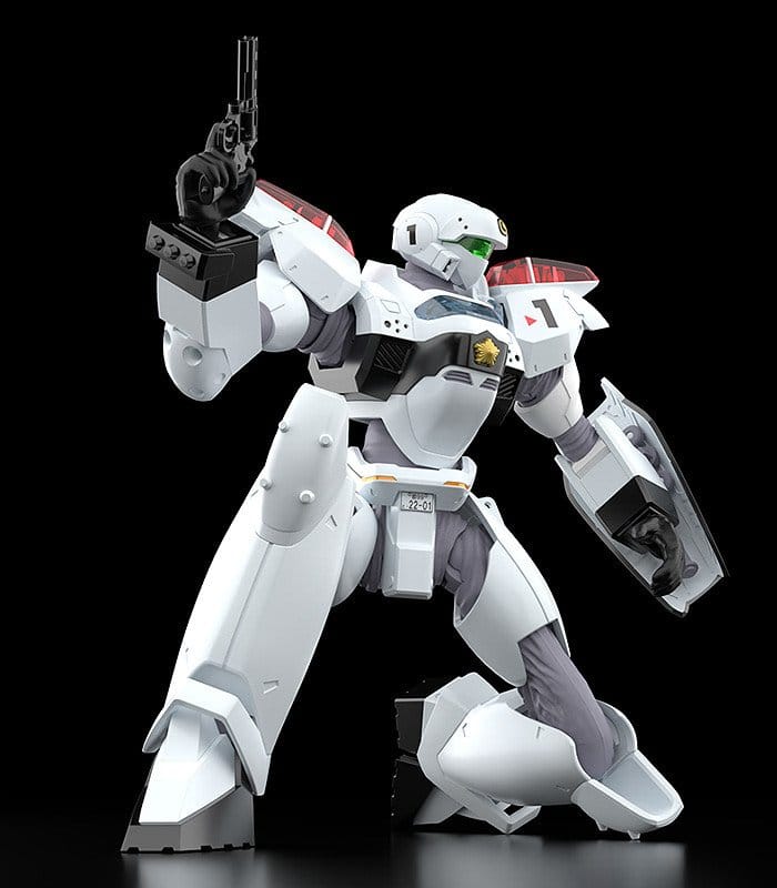 Moderoid AV-2 Valiant kneeling with stun stick raised and shield