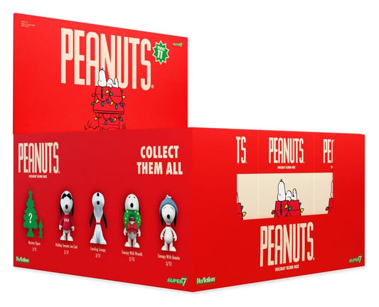 Super7 Peanuts Snoopy Holiday mini figures blind box display in red packaging