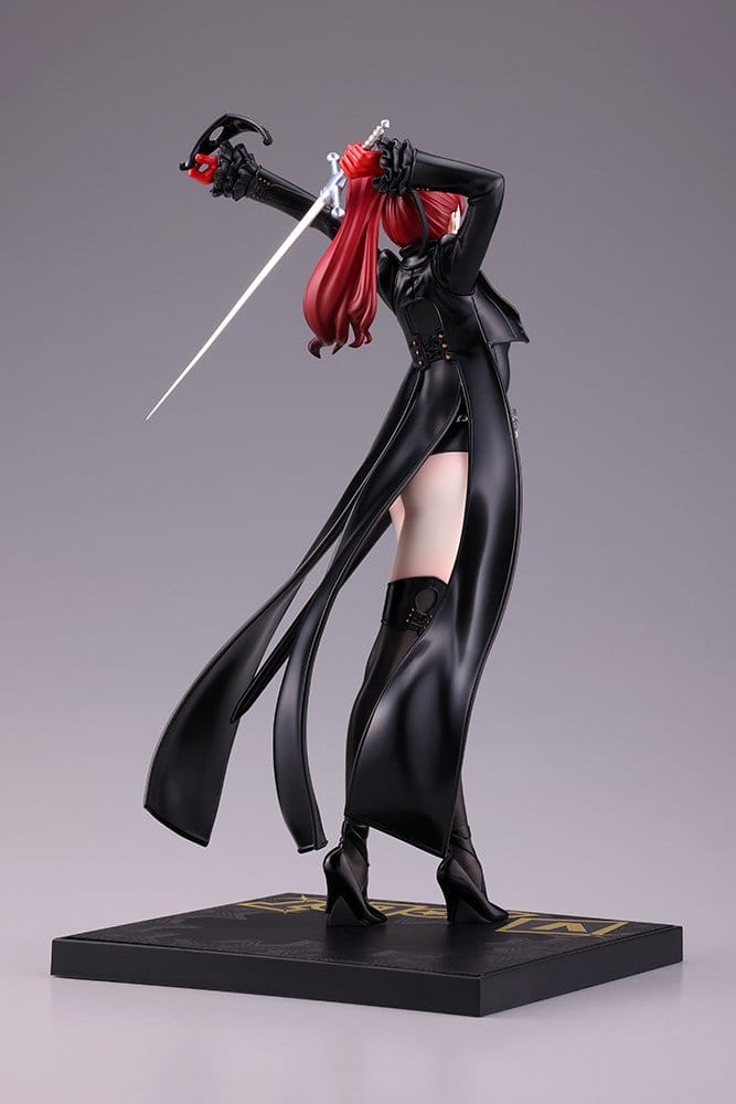 Side view of the Persona 5 Royal Violet figure showing her red hair, black coat and boots
