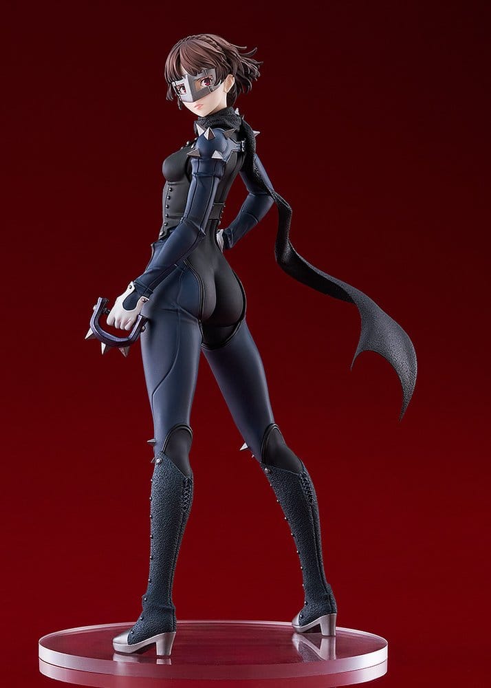 Pop Up Parade Queen figure three-quarter rear view on clear base, dark red background