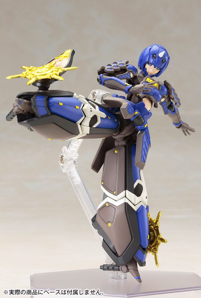 Indigo Guardian Shiki kit in a flying kick pose on clear stand