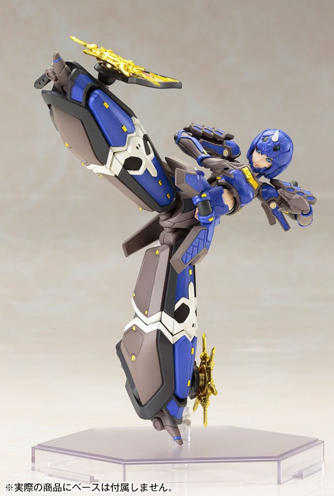 Kotobukiya Indigo Guardian Shiki kit in a high kick pose, side view