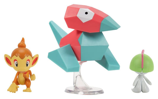 Pokemon Battle Figure Set 3-pack with Chimchar, Ralts and Porygon on a clear stand