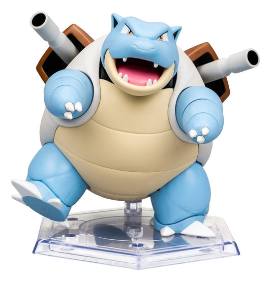 Pokemon Select super-articulated Blastoise action figure with shell cannons on a clear display base