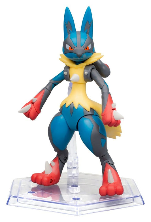 Pokemon Select super-articulated Mega Lucario action figure posed on a clear hexagonal stand