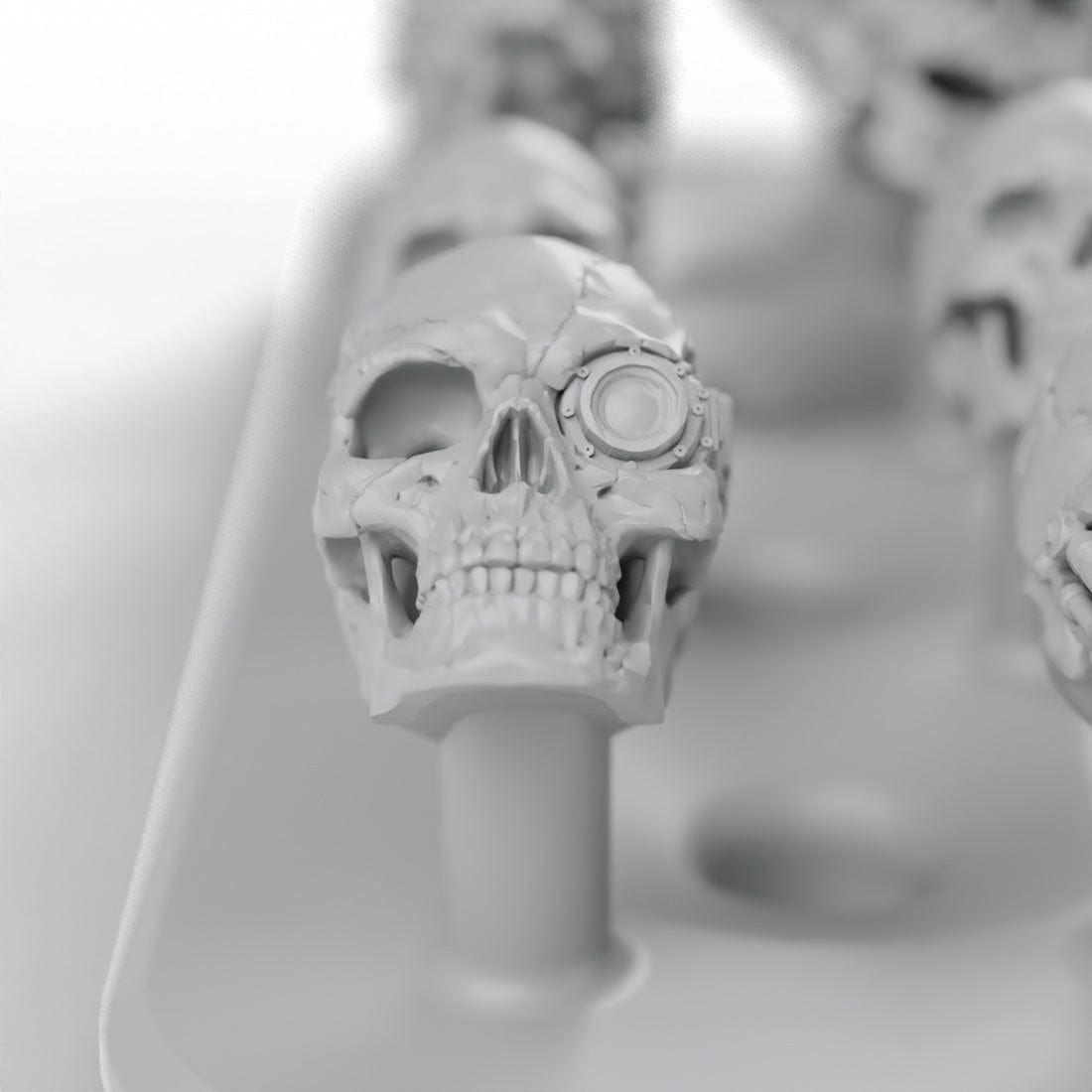 Close-up of a human skull with a bionic eye lens