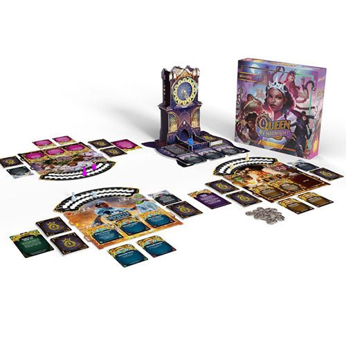 Queen By Midnight game set up with Clock Dice Tower, player boards, cards and tokens