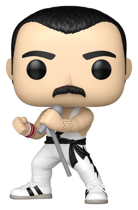 Funko Pop! Rocks Queen Freddie Mercury in white singlet holding his microphone stand
