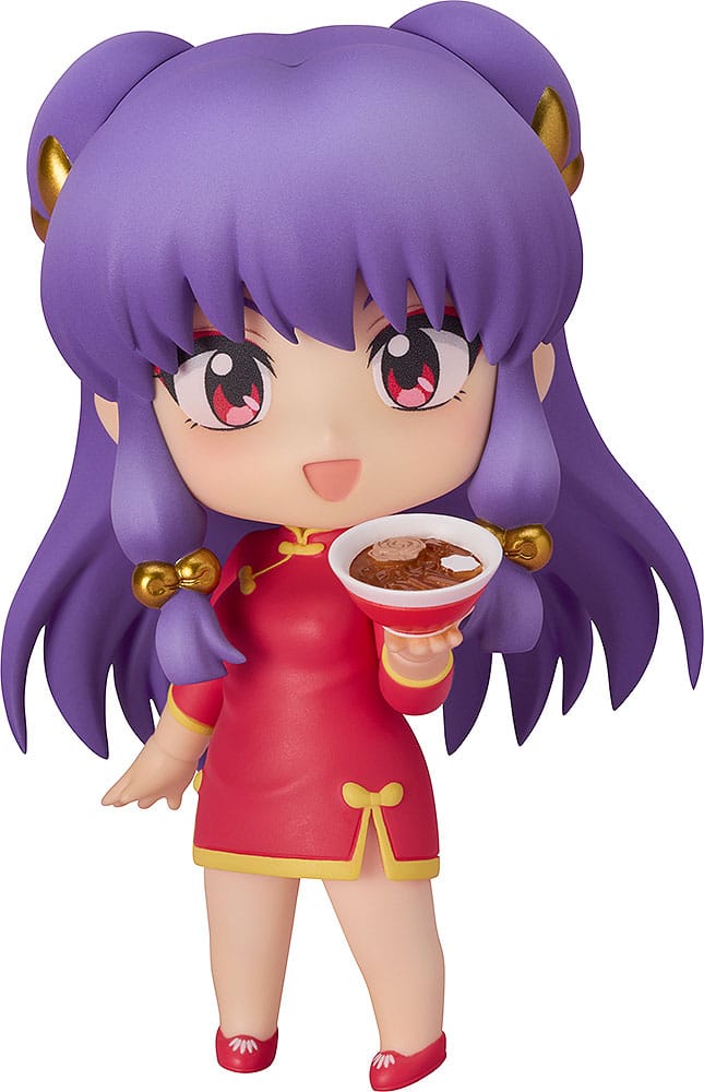 Good Smile Company Ranma 1/2 Shampoo Nendoroid in red qipao holding a bowl of ramen, on white