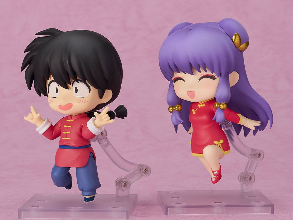 Shampoo Nendoroid leaping on her stand beside Ranma Saotome Nendoroid, sold separately
